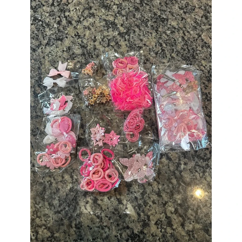 Kids Pink White Hair Accessory Set Bows Butterfly Clips Elastics Claw Clips Lot